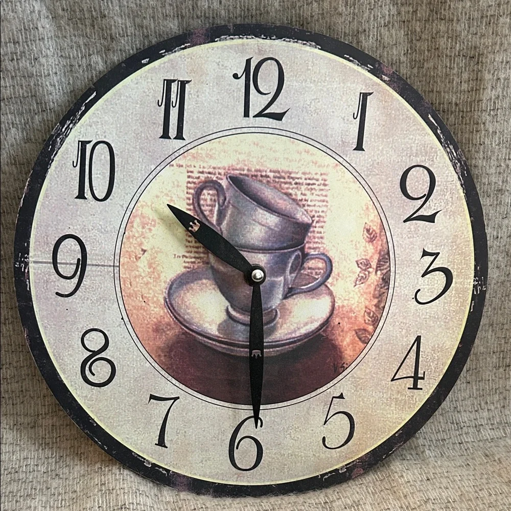 Vintage Style Wall Clock with Teacup Design - Black and Cream